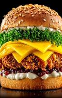 Crispy chicken stacked burger. Crispy chicken patty topped with melted cheese and fresh lettuce in a sesame seed bun, served with creamy sauces. photo