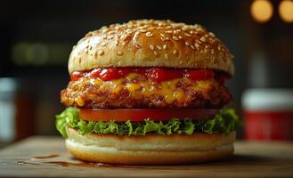 Tasty chicken burger with toppings. Juicy chicken burger stacked with melting cheese, fresh lettuce, tomatoes, and drizzled with ketchup on a sesame bun. photo