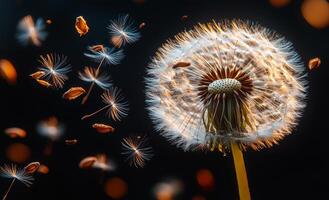 Dandelion seeds floating in the air. Dandelion seeds float in the breeze, highlighting nature's delicate beauty and transformation. photo