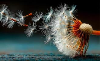 Dandelion seeds drifting in the breeze. Delicate dandelion seeds release into the air, floating gracefully away from the parent flower during a calm afternoon. photo