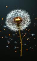 Dandelion seeds drifting in the air. A dandelion puff releases delicate seeds into the breeze on a calm day, showcasing nature's beauty and fragility. photo