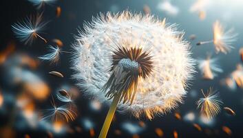 Dandelion seeds drift in breeze. A dandelion releases its seeds into the air on a sunny summer day, creating a beautiful display of nature's cycle. photo