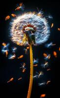 Dandelion seeds dancing in the breeze. A dandelion puff releases seeds into the air, creating a magical moment under soft lighting at dusk. photo