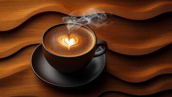 Heart-design coffee cup on wood. A dark coffee cup sits on a circular saucer, steam rising from the surface with a heart pattern created in the foam. photo