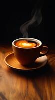 Warm cup of coffee with latte art swirls. Steam rises from a beautifully crafted cup of coffee resting on a wooden table, showcasing intricate latte art. photo