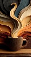 Coffee steam's warm swirls. A cup of coffee sits on a table, with colorful paper patterns creating steam that swirls above it. photo