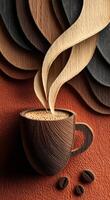 Creative coffee cup with steam design. A handmade coffee cup appears with swirling steam rising above it, displayed on a textured background of warm colors. photo