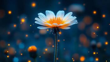 Vivid flower illuminated by soft light. A single flower stands tall amid a backdrop of glowing particles, showcasing its vibrant colors and delicate petals. photo