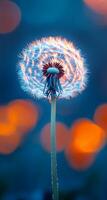 Bright dandelion on glow. A dandelion stands tall against a blurred, warm-colored backdrop during twilight, revealing its intricate details. photo