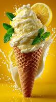 Lemon mint ice cream cone. A lemon ice cream cone splashes milk, adorned with mint and lemon slices, on a bright yellow background. photo