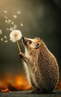 Hedgehog gently blowing dandelion seeds. A hedgehog holds a dandelion, blowing puffs of seeds into the air, surrounded by a soft, blurred backdrop. photo