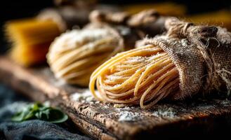 Carefully prepared pasta bundles. Bundles of uncooked pasta wrapped in burlap rest on a rustic wooden surface with grated cheese sprinkled around. photo