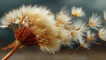 Sunset breeze with fluffy seeds. Delicate fluffy seeds disperse into the wind during a serene sunset, capturing nature's beautiful transition. photo