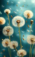 Dandelions dispersing seeds in sunlight. Delicate dandelions release seeds as they sway in the gentle breeze under bright sunlight, creating a beautiful display. photo