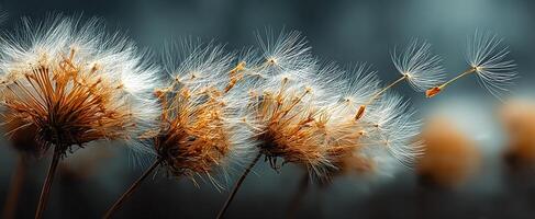 Dandelion seeds in the breeze. Delicate dandelion seeds float gently through the air on a calm day, creating a serene natural moment. photo