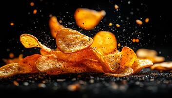 Crispy potato chips flying in the air. A collection of crispy potato chips is suspended in mid-air, creating a dynamic and appetizing visual display. photo