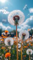 Dandelion seeds in the field. Bright dandelions release seeds into the air against a colorful backdrop of wildflowers on a sunny day. photo
