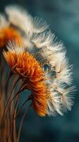 Delicate dandelions in soft sunlight. Golden and white dandelions sway in sunlight, showcasing their intricate structures against a blurred backdrop. photo