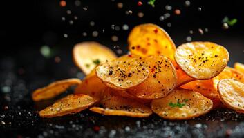 Spiced crispy chips on dark surface. A pile of golden crispy chips seasoned with spices is displayed on a dark surface, creating a tempting snack. photo