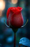 Red rose standing tall in soft light. A vibrant red rose blooms gracefully in a garden, illuminated by gentle sunlight during early evening hours. photo