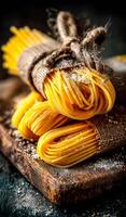 Burlap-wrapped pasta bundles. Golden pasta bundles neatly tied with burlap sit on a rustic wooden board dusted with flour, ready for cooking. photo