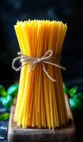 Dried spaghetti bundle with fresh basil. A tall bundle of dried spaghetti tied with twine stands on a wooden surface, accompanied by fresh basil leaves. photo