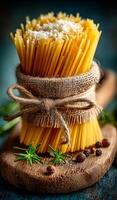 Herbed pasta bundle. A bundle of dry pasta is tied with twine and placed on a wooden board surrounded by herbs and spices. photo