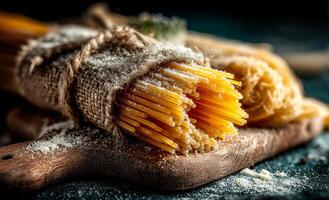 Dried pasta bundled on wooden board. Bundles of dried pasta are neatly wrapped and placed on a rustic wooden board, showcasing texture and simplicity. photo