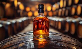 Bottle of whiskey on a wooden barrel. A whiskey bottle sits on a barrel in a dimly lit distillery, illuminated by warm lights and surrounded by aging barrels. photo
