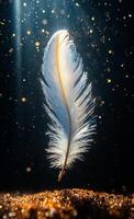 Elegant feather floating in golden light. A delicate feather hovers above a shimmering surface, illuminated by golden rays, creating a magical atmosphere. photo