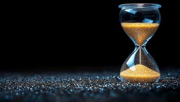 Sand flows in an hourglass. Golden sand flows gently in an hourglass, symbolizing the continuous passage of time against a dark backdrop. photo