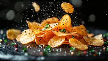 Tasty seasoned golden chips. Golden potato chips are scattered on a black plate, garnished with herbs and spices, creating an inviting snack display. photo