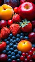 Healthy fruit snack mix. A vibrant mix of strawberries, blueberries, cherries, and ripe apples showcase a healthy variety of fresh fruits. photo