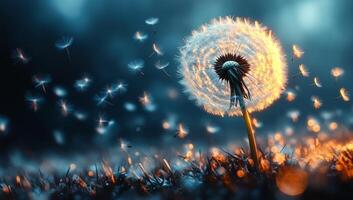Evening light with dandelion seeds. Dandelion seeds drift in twilight, bathed in soft light, creating a magical atmosphere. photo