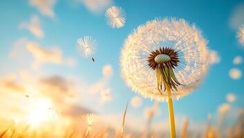 Dandelions swaying in the golden sunset. Dandelions release seeds into the air during a beautiful sunset, creating a serene and tranquil atmosphere outdoors. photo