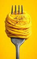 Fork with spaghetti on yellow. A vibrant display of spaghetti twirled around a fork with a bright yellow background and a sprinkle of pepper. photo