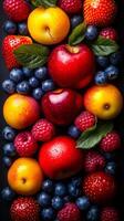 Fruits on dark background. A vibrant assortment of strawberries, blueberries, raspberries, and apples is displayed on a dark surface. photo