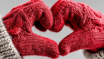 Red mittens form a heart. Two cozy red mittens form a heart shape against a neutral background, symbolizing warmth and connection. photo