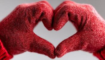Creating a heart shape with red gloves. Two red gloves form a heart shape, symbolizing love and warmth during cold weather. photo
