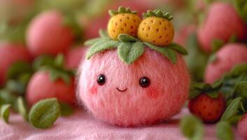 Smiley strawberry plush toy. A charming plush toy resembling a strawberry has a happy expression and small yellow strawberries on top. photo