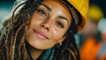 Smiling woman with dreadlocks at site. A woman with dreadlocks and a yellow hard hat smiles warmly while on a busy construction site during the day. photo