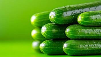 Cucumbers against bright bg. Crisp cucumbers laid neatly in a stack on a bright green surface, showcasing their freshness and color. photo