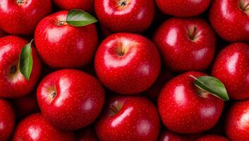 Fresh red apples in a vibrant display. Bright red apples with green leaves are arranged closely, showcasing their natural shine and freshness. photo