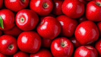 Fresh red apples in a market. Bright and shiny red apples are arranged closely together in a vibrant market display, highlighting their freshness. photo