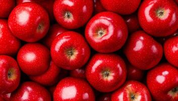 Stacked red apples on display. Bright red apples are piled together, showcasing their shiny skin and freshness at a local market in autumn. photo