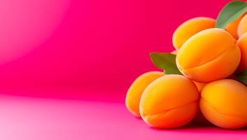 Bright apricots on display. Bright apricots with green leaves rest against a bold pink backdrop, showcasing their vibrant color and freshness. photo