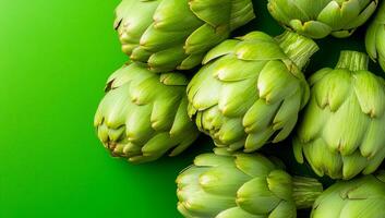 Artichokes on a bright backdrop. Several fresh green artichokes are displayed on a bright green surface, showcasing their unique texture and shape. photo