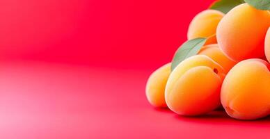 Fresh apricots on bright backdrop. Ripe apricots with green leaves rest against a bright red background, showcasing their appealing color and texture. photo
