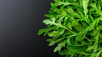Fresh arugula leaves on dark background. Fresh green arugula leaves arranged on a dark surface, highlighting their vibrant color and unique shape. photo