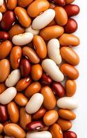 Colorful beans on white bg. A colorful collection of beans arranged on a white surface, highlighting their unique shapes and sizes. photo